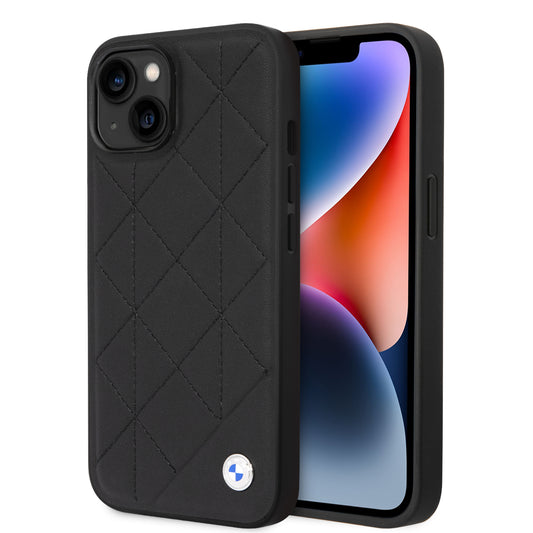 Funda BMW de Piel con Diseño de Rombos y Logo Metálico para iPhone 14 Plus - Negro | Case Original
