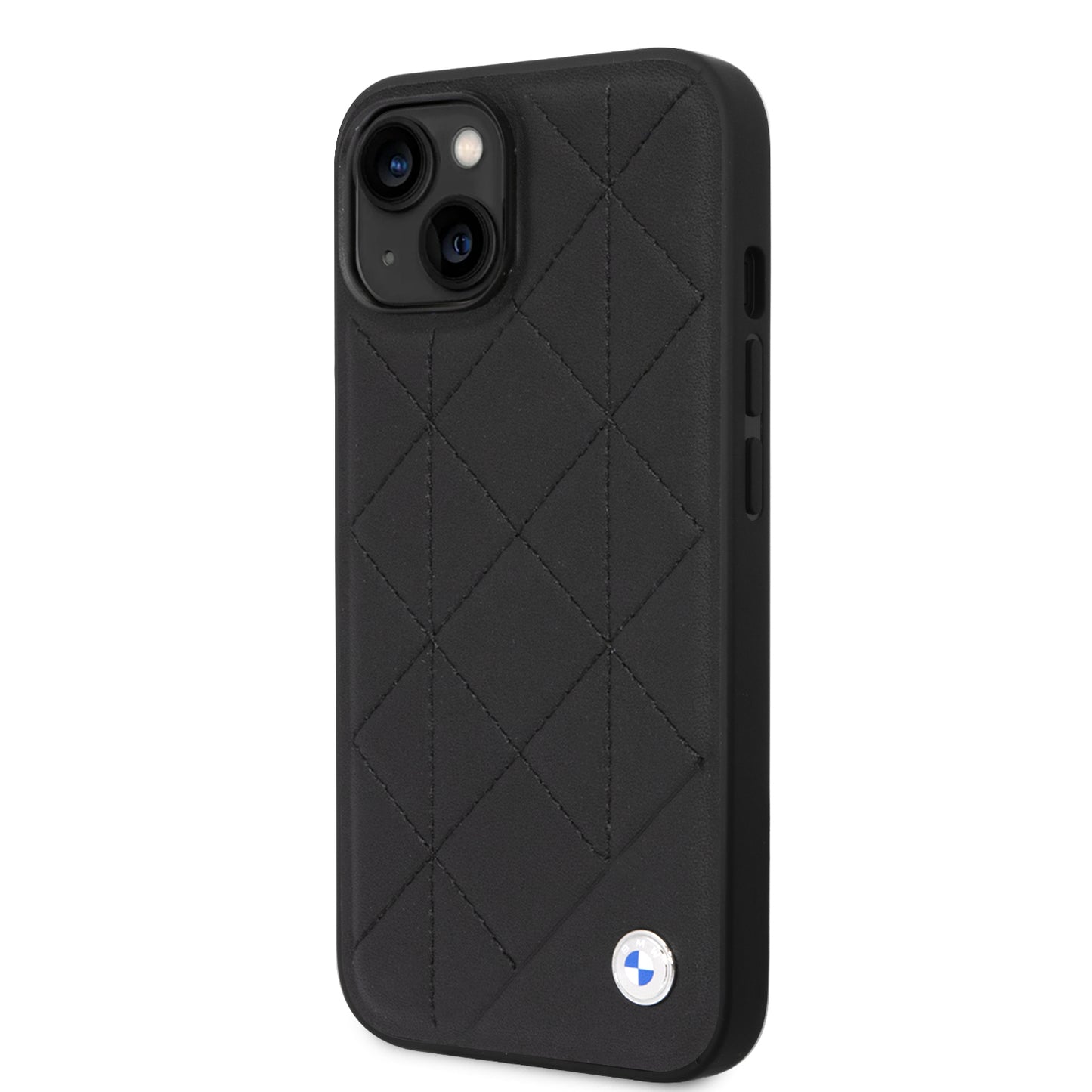 Funda BMW de Piel con Diseño de Rombos y Logo Metálico para iPhone 14 Plus - Negro | Case Original