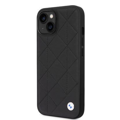 Funda BMW de Piel con Diseño de Rombos y Logo Metálico para iPhone 14 Plus - Negro | Case Original