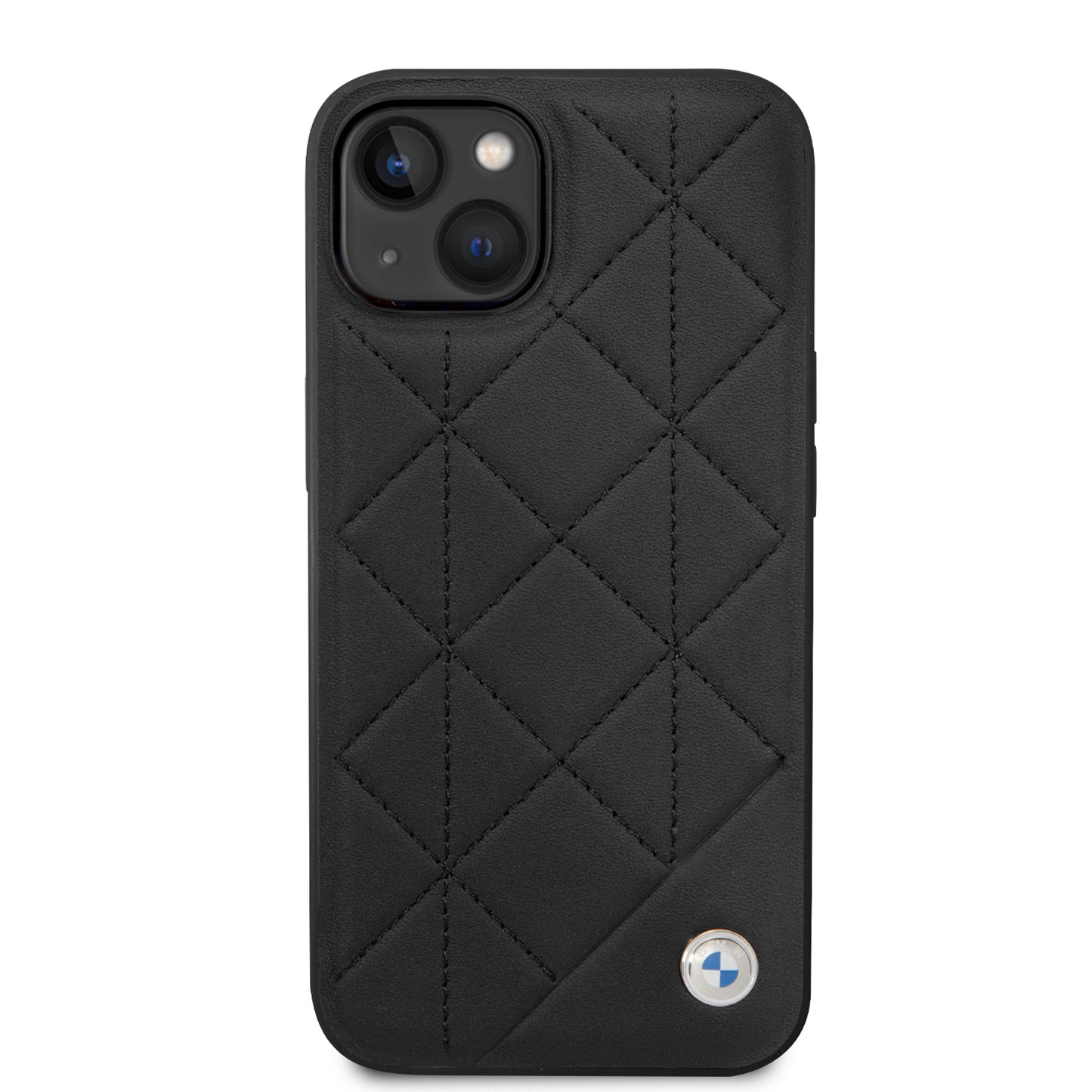 Funda BMW de Piel con Diseño de Rombos y Logo Metálico para iPhone 14 Plus - Negro | Case Original