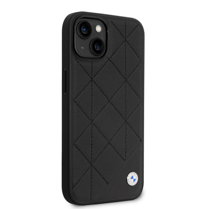 Funda BMW de Piel con Diseño de Rombos y Logo Metálico para iPhone 14 Plus - Negro | Case Original