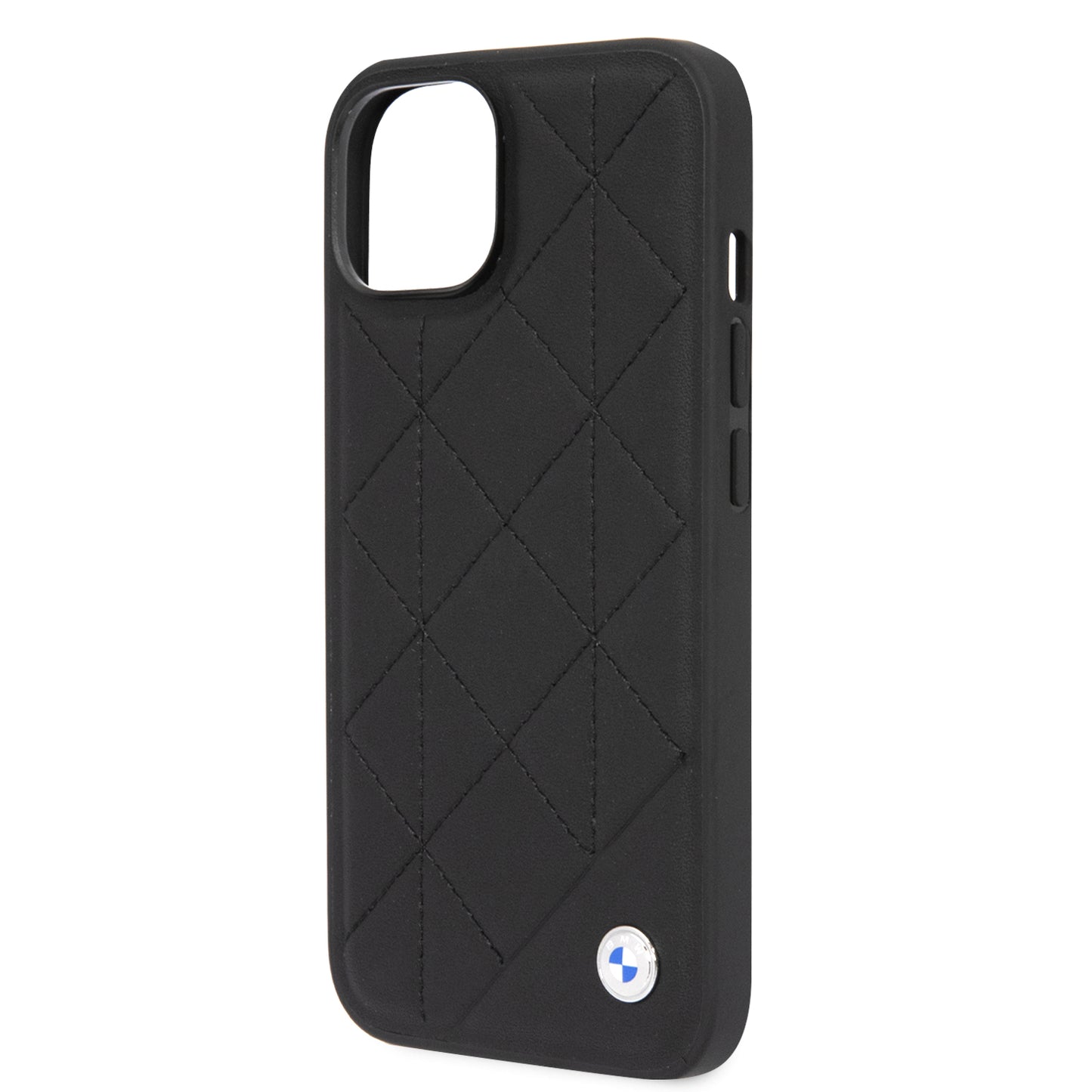 Funda BMW de Piel con Diseño de Rombos y Logo Metálico para iPhone 14 Plus - Negro | Case Original