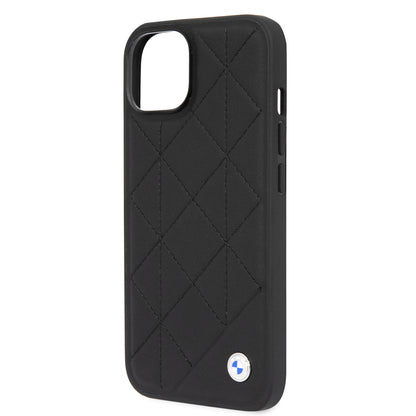 Funda BMW de Piel con Diseño de Rombos y Logo Metálico para iPhone 14 Plus - Negro | Case Original