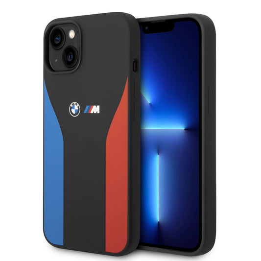 Funda BMW de Silicón con Líneas Tricolor para iPhone 14 Plus - Negro | Case Original