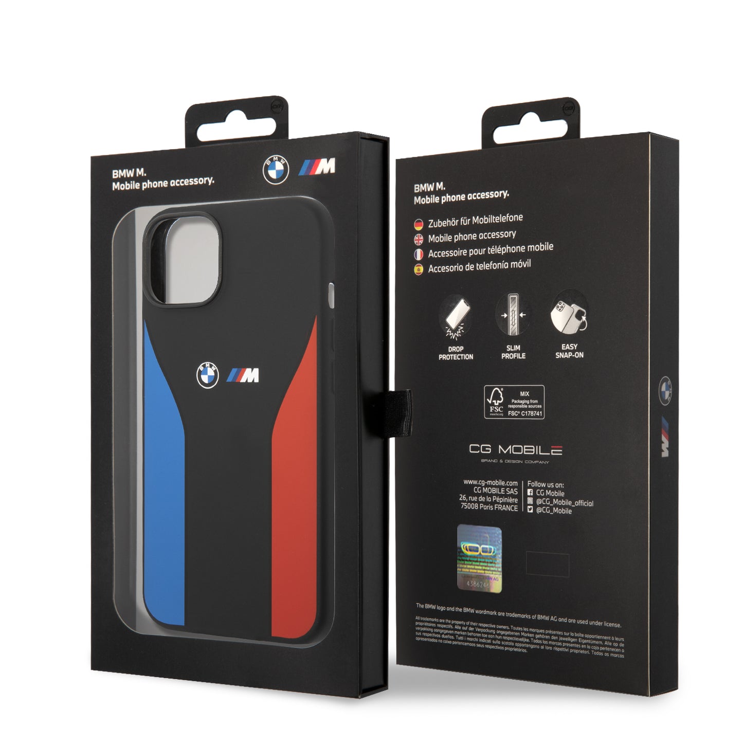 Funda BMW de Silicón con Líneas Tricolor para iPhone 14 Plus - Negro | Case Original