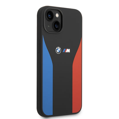 Funda BMW de Silicón con Líneas Tricolor para iPhone 14 Plus - Negro | Case Original