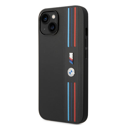 Case BMW PU Líneas Tricolor iPhone 14 Negro | Estilo y Protección Premium