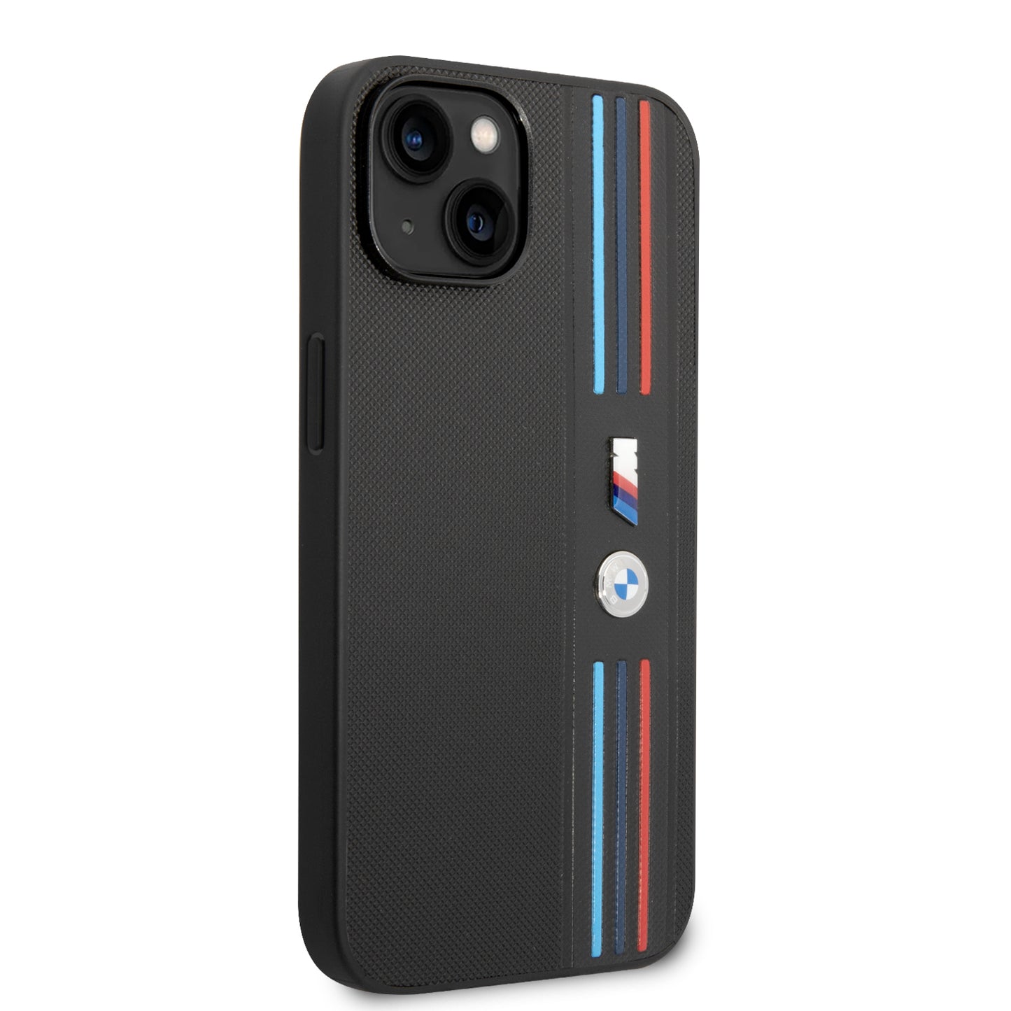 Case BMW PU Líneas Tricolor iPhone 14 Negro | Estilo y Protección Premium