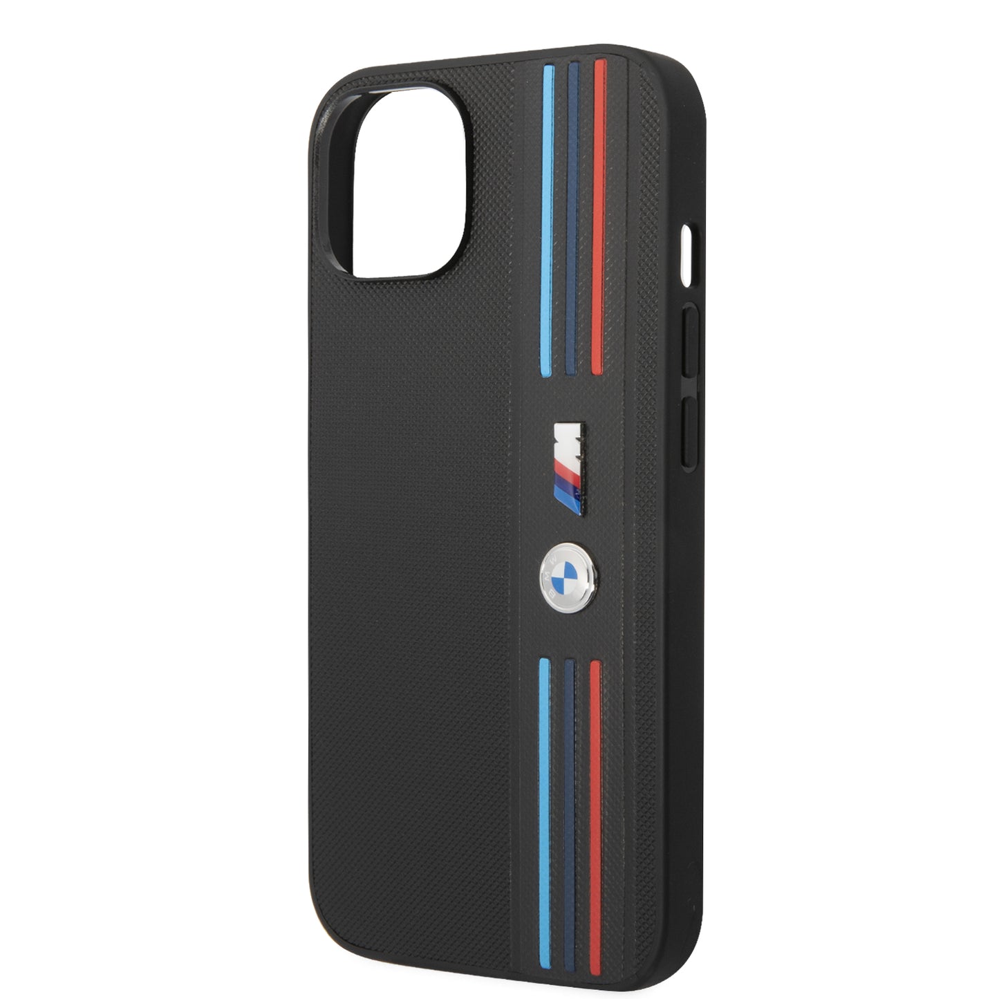 Case BMW PU Líneas Tricolor iPhone 14 Negro | Estilo y Protección Premium