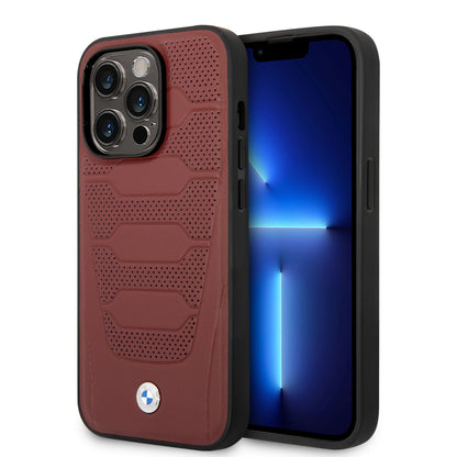 Case BMW de Piel Grabada para iPhone 14 Pro Max - Roja | Estilo Deportivo y Protección de Lujo