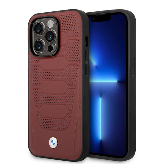 Case BMW de Piel Grabada para iPhone 14 Pro Max - Roja | Estilo Deportivo y Protección de Lujo