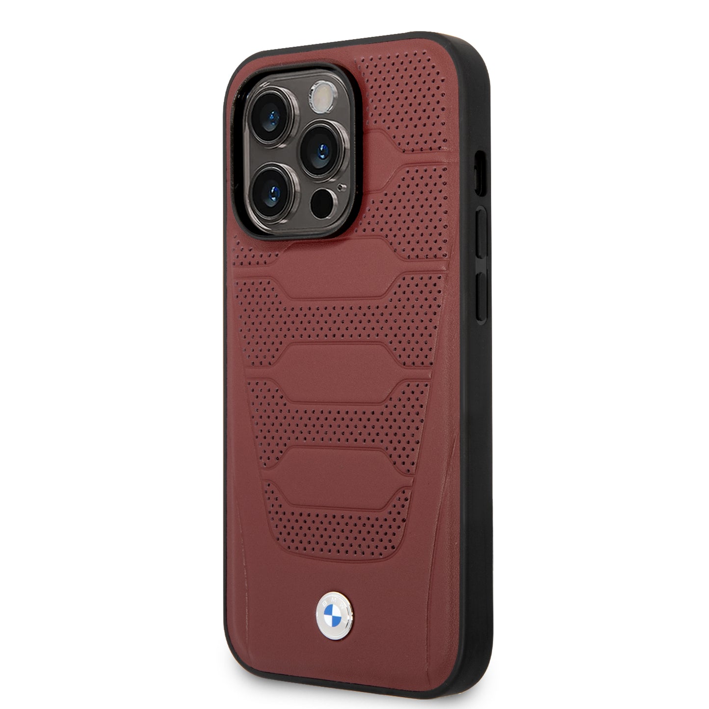 Case BMW de Piel Grabada para iPhone 14 Pro Max - Roja | Estilo Deportivo y Protección de Lujo
