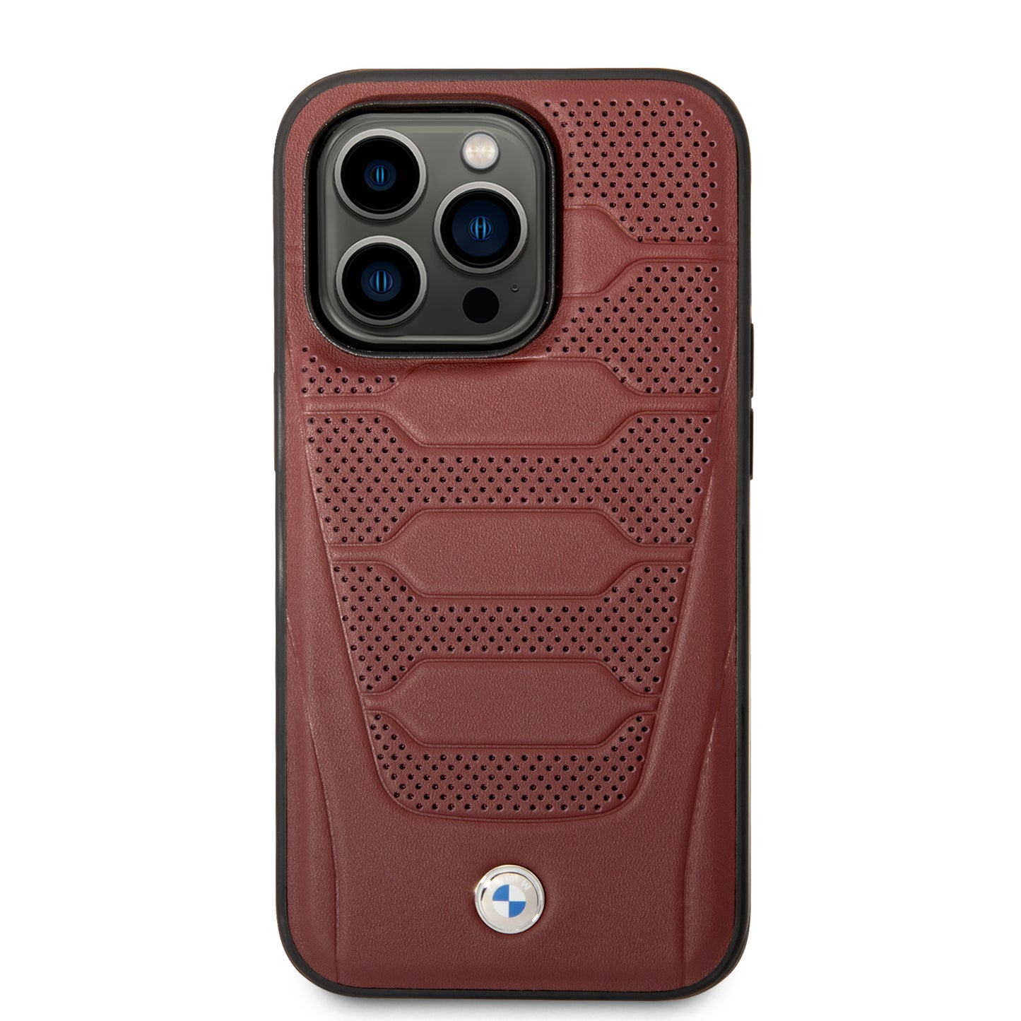 Case BMW de Piel Grabada para iPhone 14 Pro Max - Roja | Estilo Deportivo y Protección de Lujo