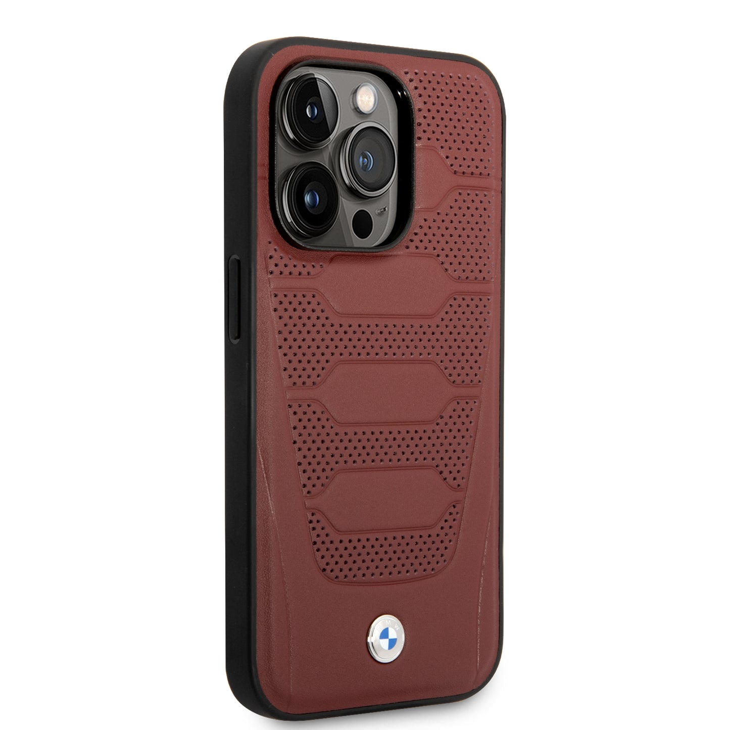 Case BMW de Piel Grabada para iPhone 14 Pro Max - Roja | Estilo Deportivo y Protección de Lujo