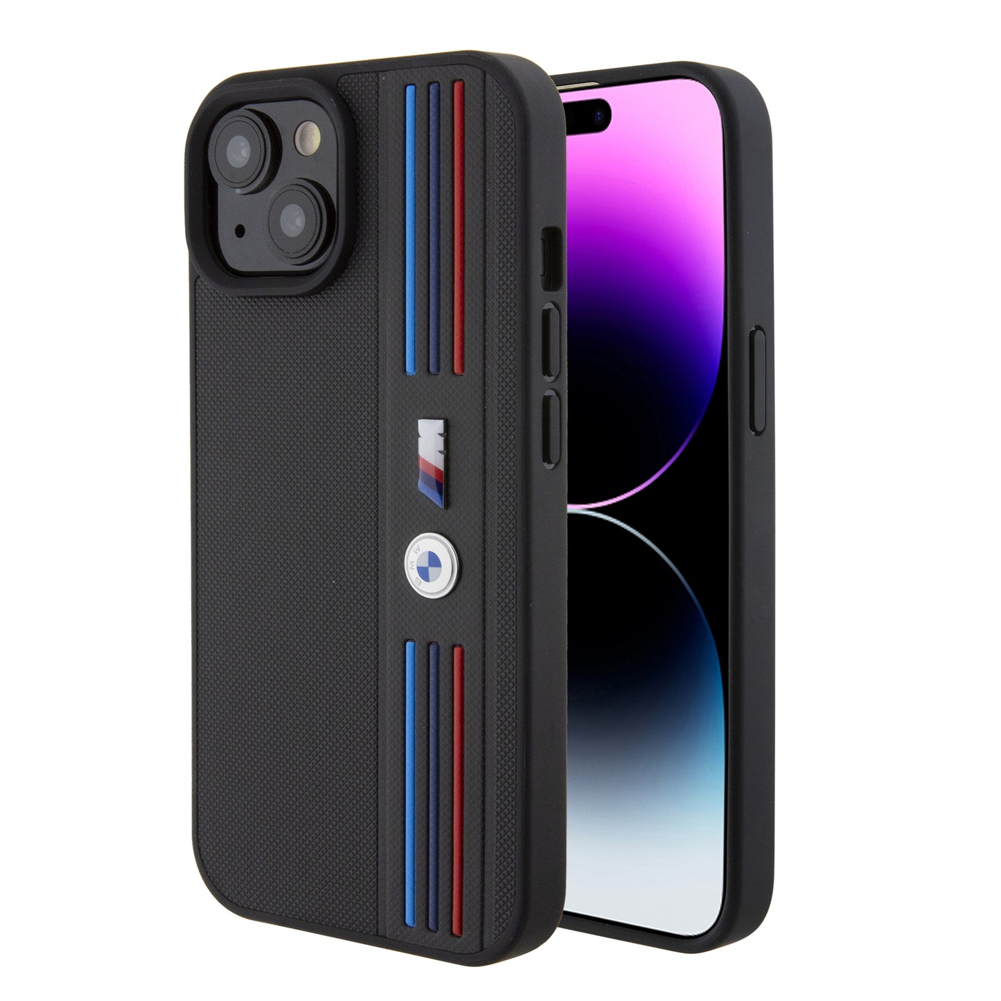 Case BMW PU Líneas Tricolor iPhone 15 Negro | Protección y Estilo Premium