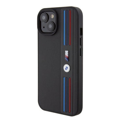 Case BMW PU Líneas Tricolor iPhone 15 Negro | Protección y Estilo Premium