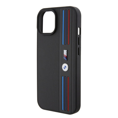 Case BMW PU Líneas Tricolor iPhone 15 Negro | Protección y Estilo Premium