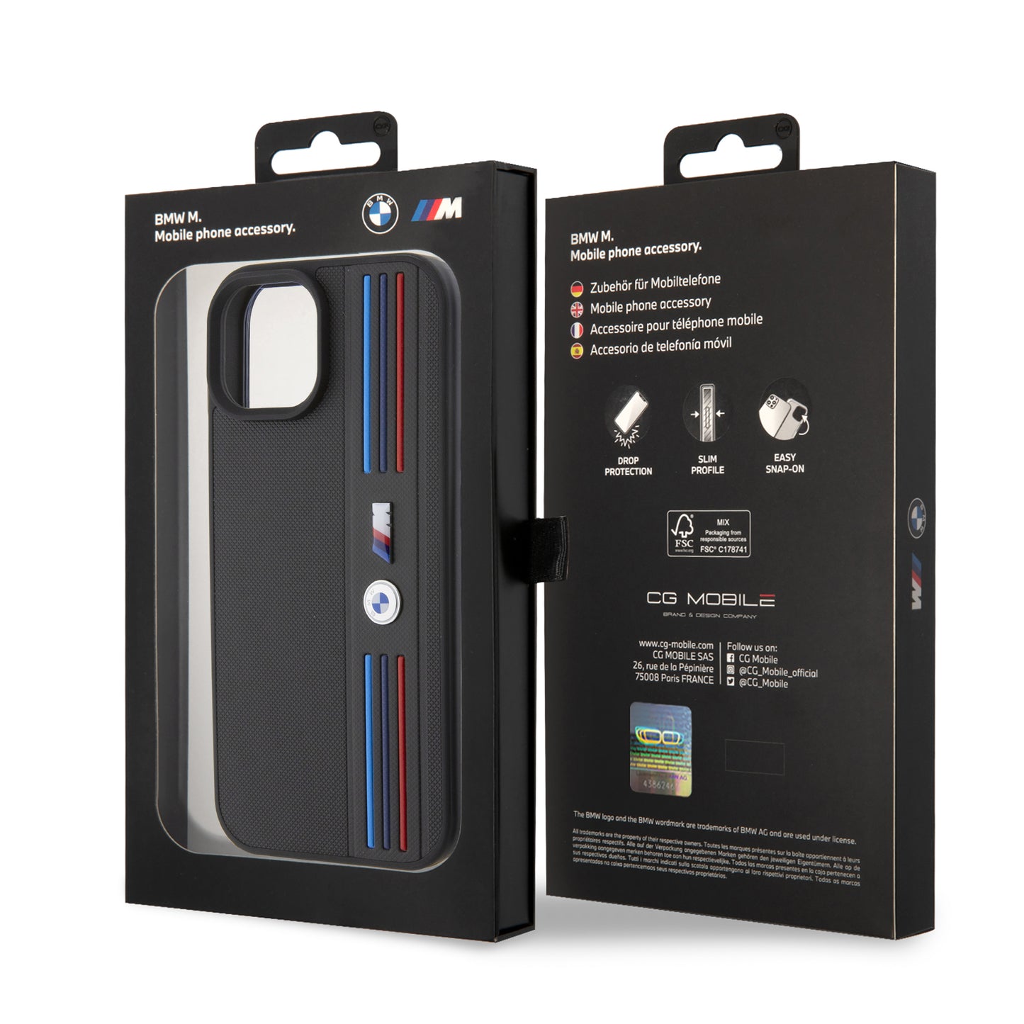 Case BMW PU Líneas Tricolor iPhone 15 Negro | Protección y Estilo Premium