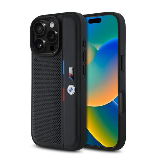 Funda BMW de Piel Perforada con Línea Deportiva para iPhone 16 Pro - Negro | Case Original