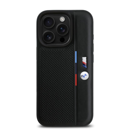 Funda BMW de Piel Perforada con Línea Deportiva para iPhone 16 Pro - Negro | Case Original