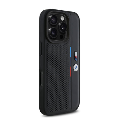 Funda BMW de Piel Perforada con Línea Deportiva para iPhone 16 Pro - Negro | Case Original