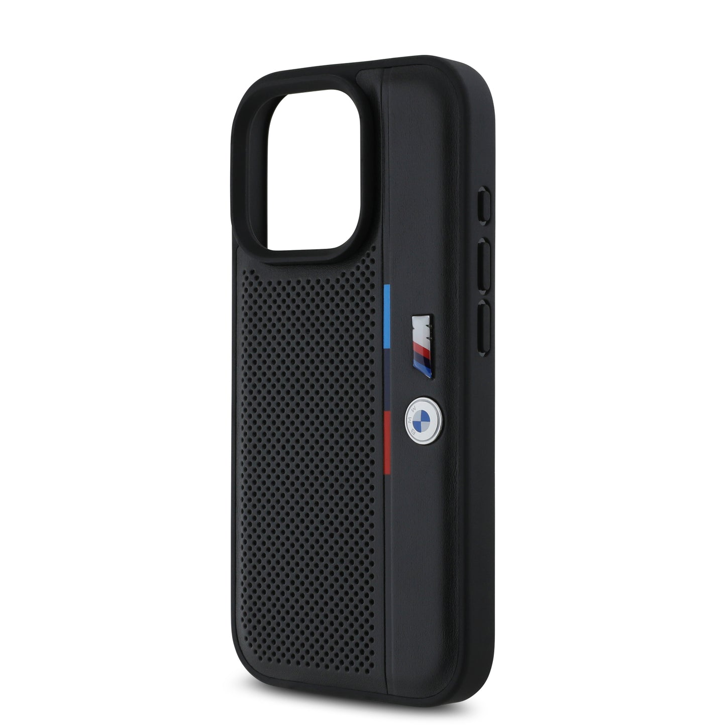 Funda BMW de Piel Perforada con Línea Deportiva para iPhone 16 Pro - Negro | Case Original