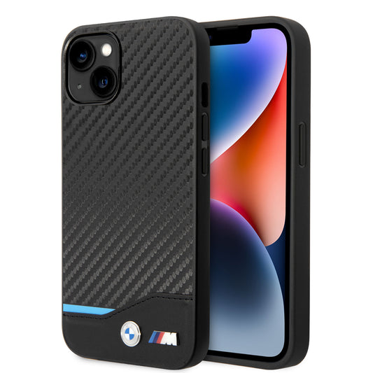 Funda BMW de Fibra de Carbono con Línea Tricolor para iPhone 14 Plus - Negro | Case Original