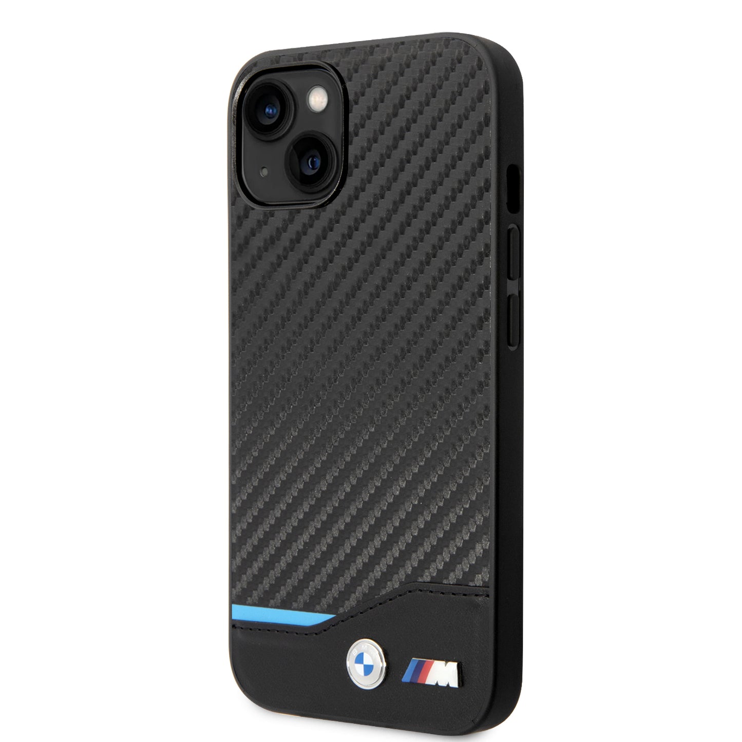 Funda BMW de Fibra de Carbono con Línea Tricolor para iPhone 14 Plus - Negro | Case Original