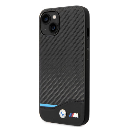 Funda BMW de Fibra de Carbono con Línea Tricolor para iPhone 14 Plus - Negro | Case Original