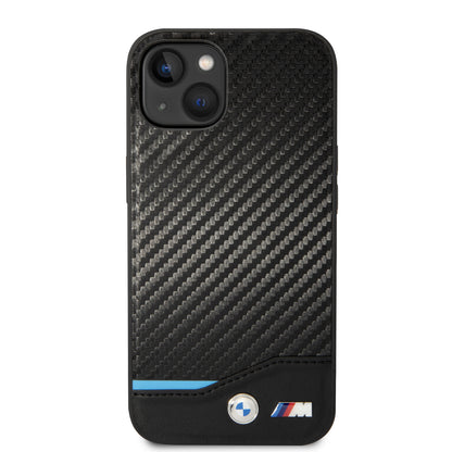Funda BMW de Fibra de Carbono con Línea Tricolor para iPhone 14 Plus - Negro | Case Original