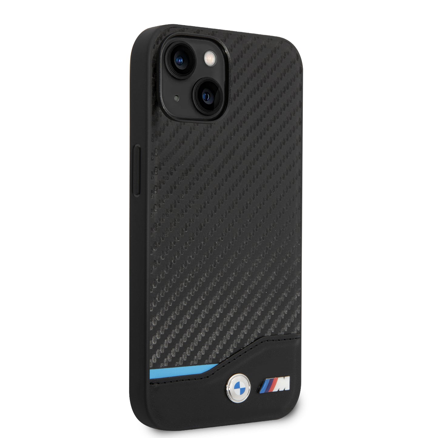 Funda BMW de Fibra de Carbono con Línea Tricolor para iPhone 14 Plus - Negro | Case Original