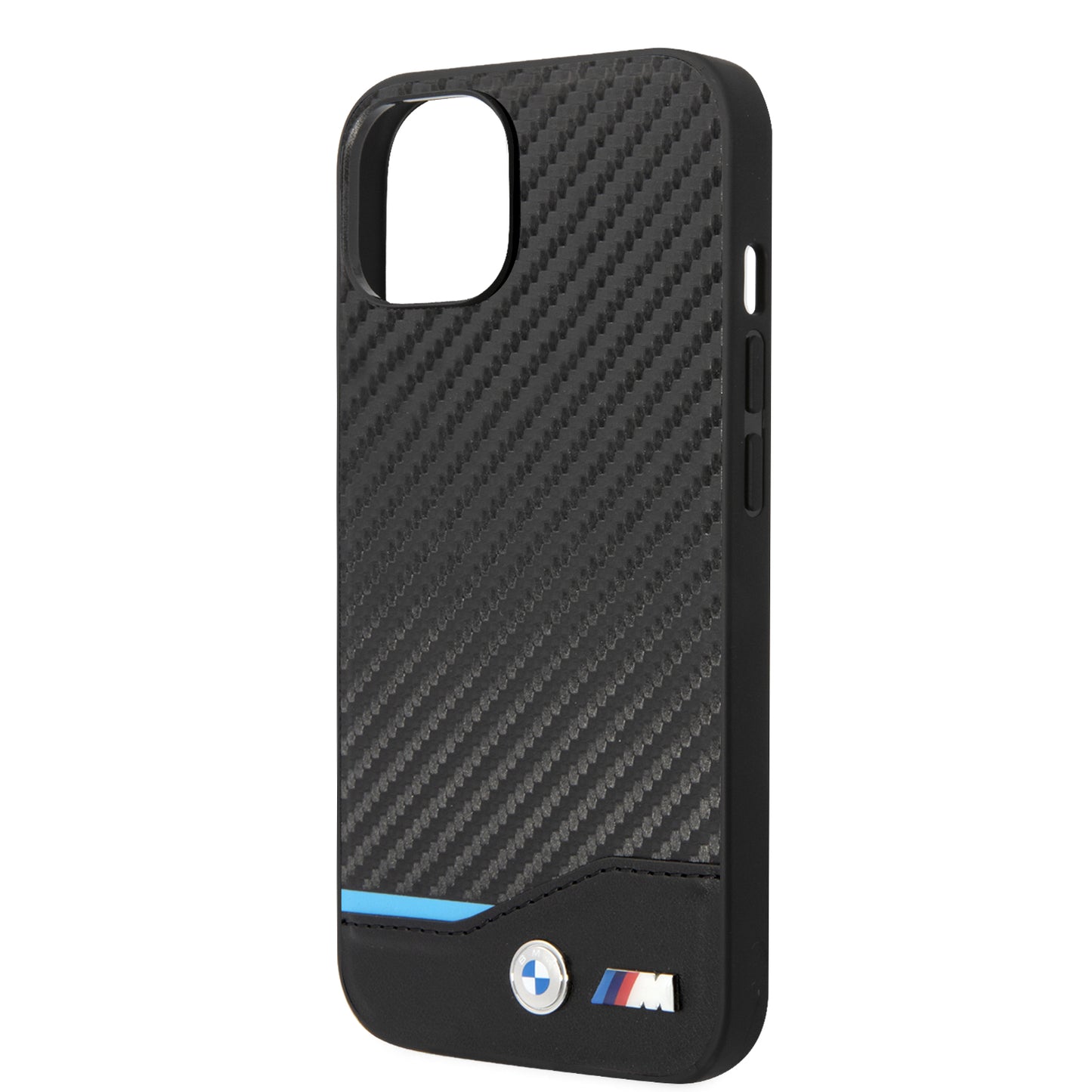 Funda BMW de Fibra de Carbono con Línea Tricolor para iPhone 14 Plus - Negro | Case Original