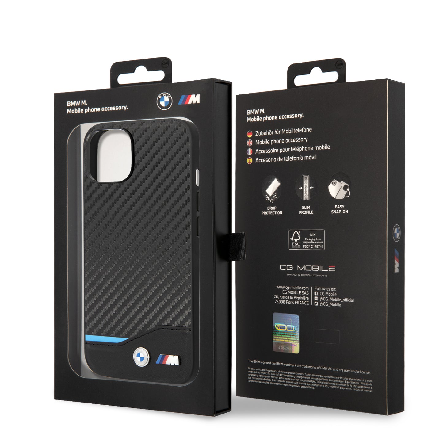 Funda BMW de Fibra de Carbono con Línea Tricolor para iPhone 14 Plus - Negro | Case Original