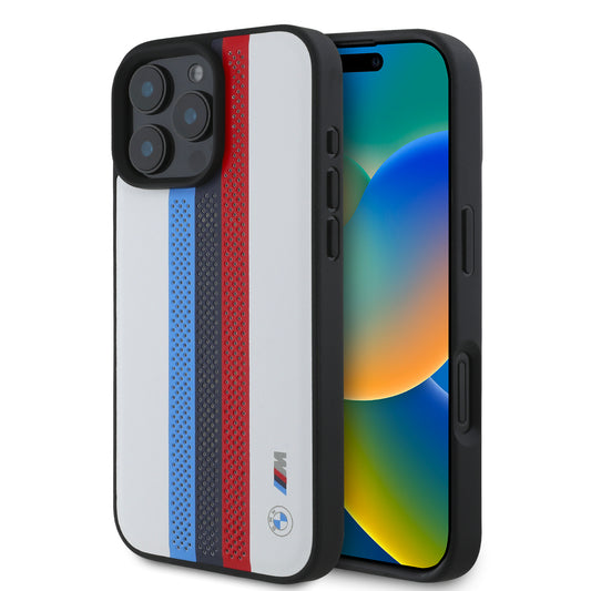 Funda BMW con Líneas Tricolor M Sport para iPhone 16 Pro Max - Blanco | Case Original