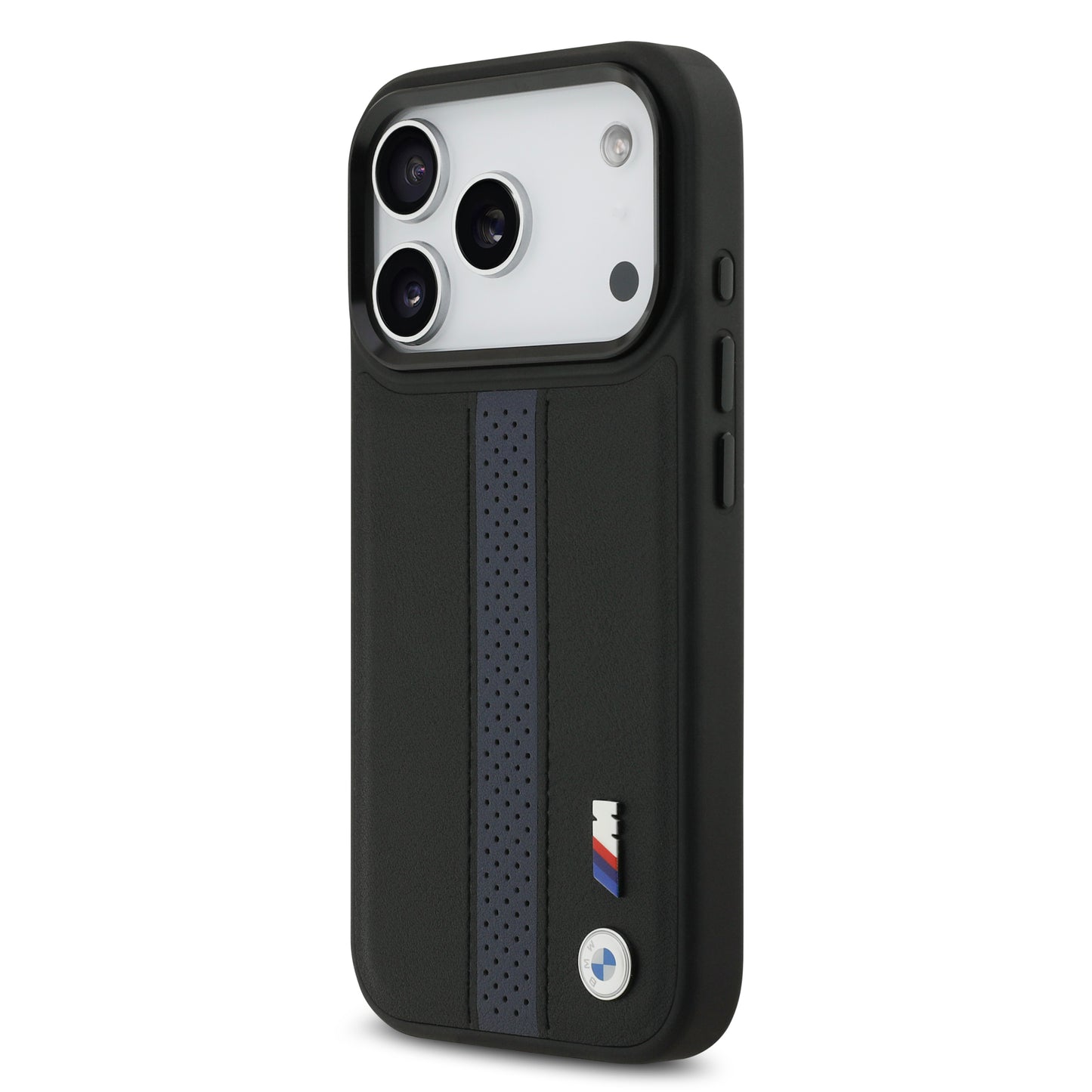 Funda BMW M Series MagSafe de Piel Perforada Azul con Franja Deportiva para iPhone 17 Pro | Case Original de Lujo
