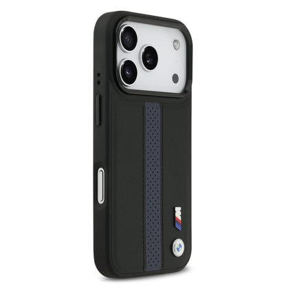 Funda BMW M Series MagSafe de Piel Perforada Azul con Franja Deportiva para iPhone 17 Pro | Case Original de Lujo