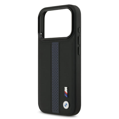 Funda BMW M Series MagSafe de Piel Perforada Azul con Franja Deportiva para iPhone 17 Pro | Case Original de Lujo