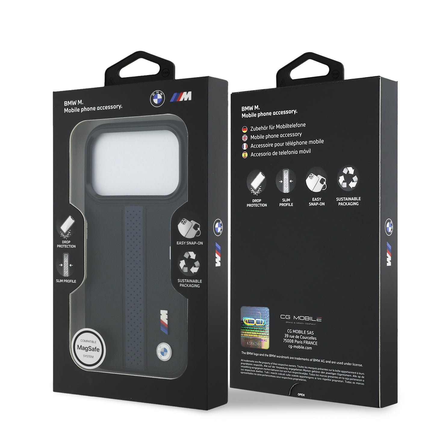 Funda BMW M Series MagSafe de Piel Perforada Azul con Franja Deportiva para iPhone 17 Pro | Case Original de Lujo