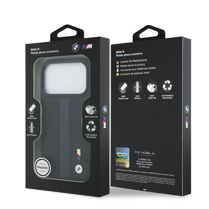 Funda BMW M Series MagSafe de Piel Perforada Azul con Franja Deportiva para iPhone 17 Pro | Case Original de Lujo