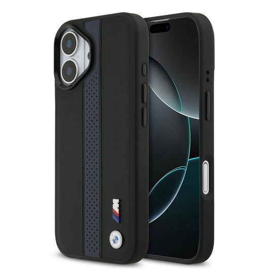 Funda BMW M Series MagSafe de Piel Perforada Azul con Franja Deportiva para iPhone 17 | Case Original de Lujo