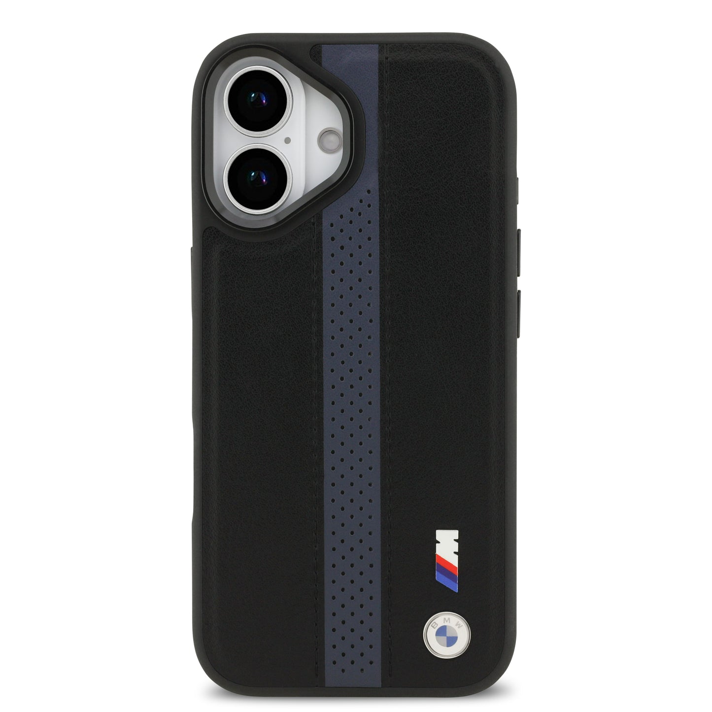 Funda BMW M Series MagSafe de Piel Perforada Azul con Franja Deportiva para iPhone 17 | Case Original de Lujo