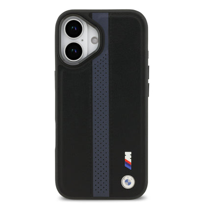 Funda BMW M Series MagSafe de Piel Perforada Azul con Franja Deportiva para iPhone 17 | Case Original de Lujo