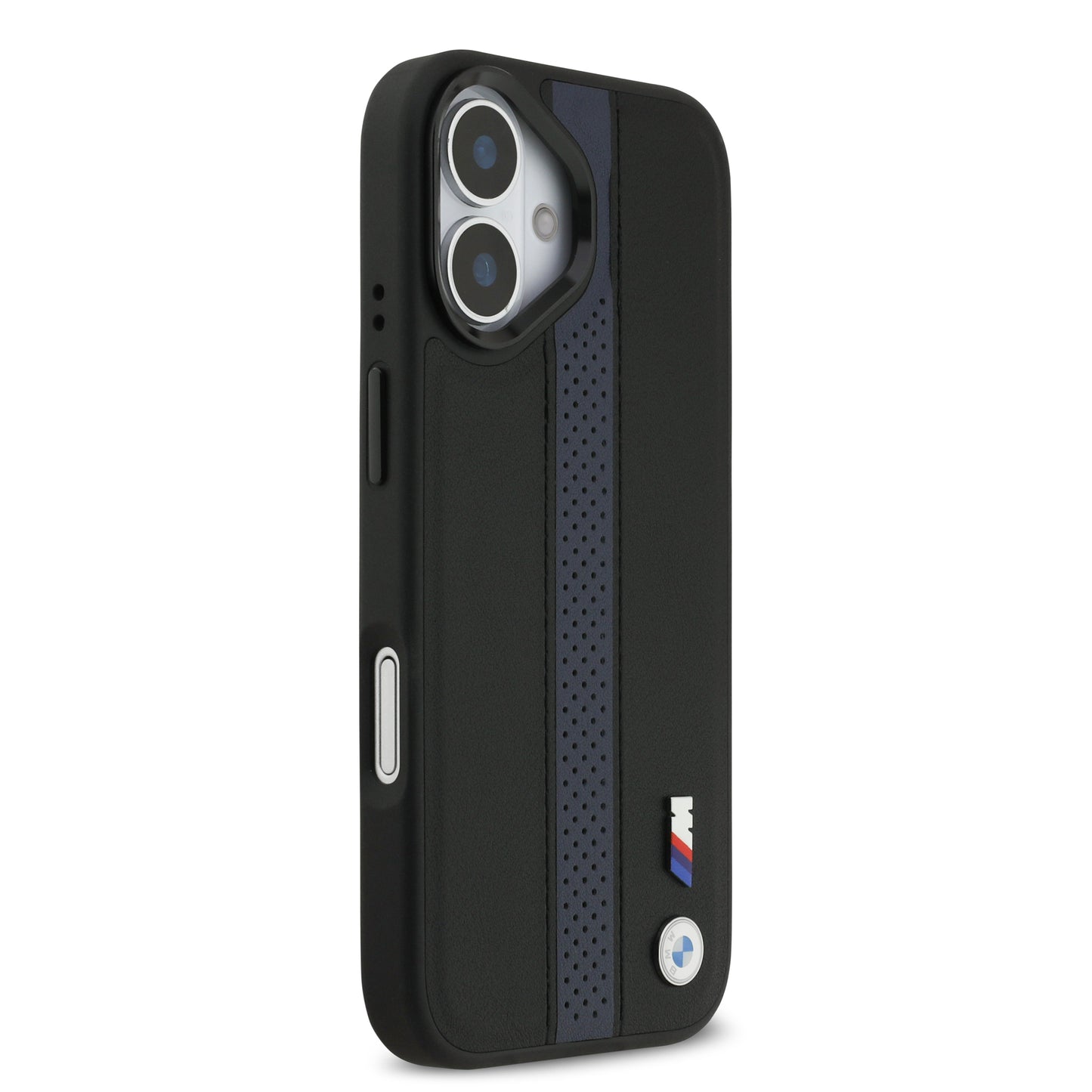 Funda BMW M Series MagSafe de Piel Perforada Azul con Franja Deportiva para iPhone 17 | Case Original de Lujo