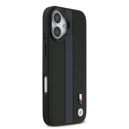 Funda BMW M Series MagSafe de Piel Perforada Azul con Franja Deportiva para iPhone 17 | Case Original de Lujo