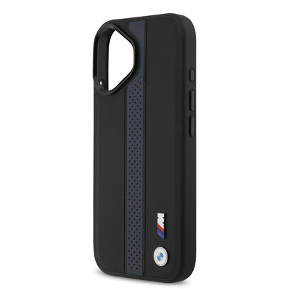 Funda BMW M Series MagSafe de Piel Perforada Azul con Franja Deportiva para iPhone 17 | Case Original de Lujo