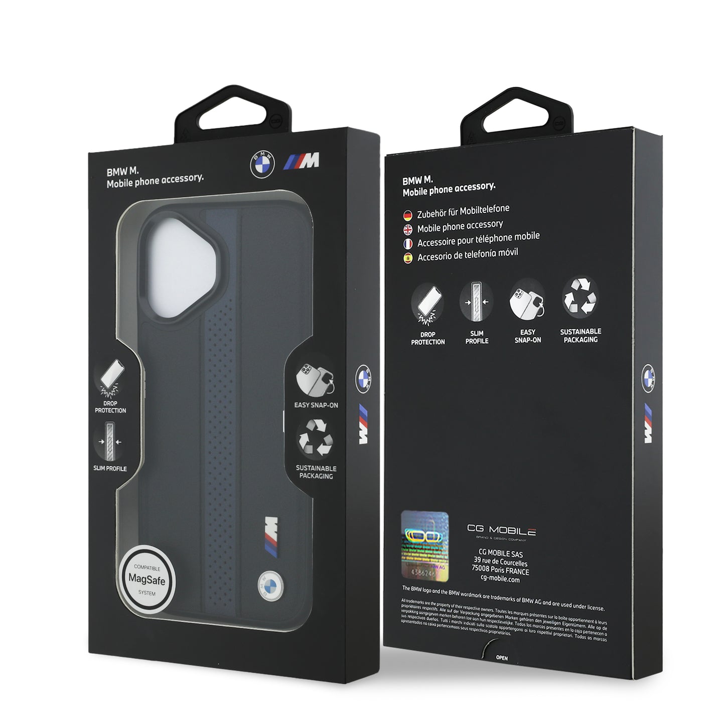 Funda BMW M Series MagSafe de Piel Perforada Azul con Franja Deportiva para iPhone 17 | Case Original de Lujo