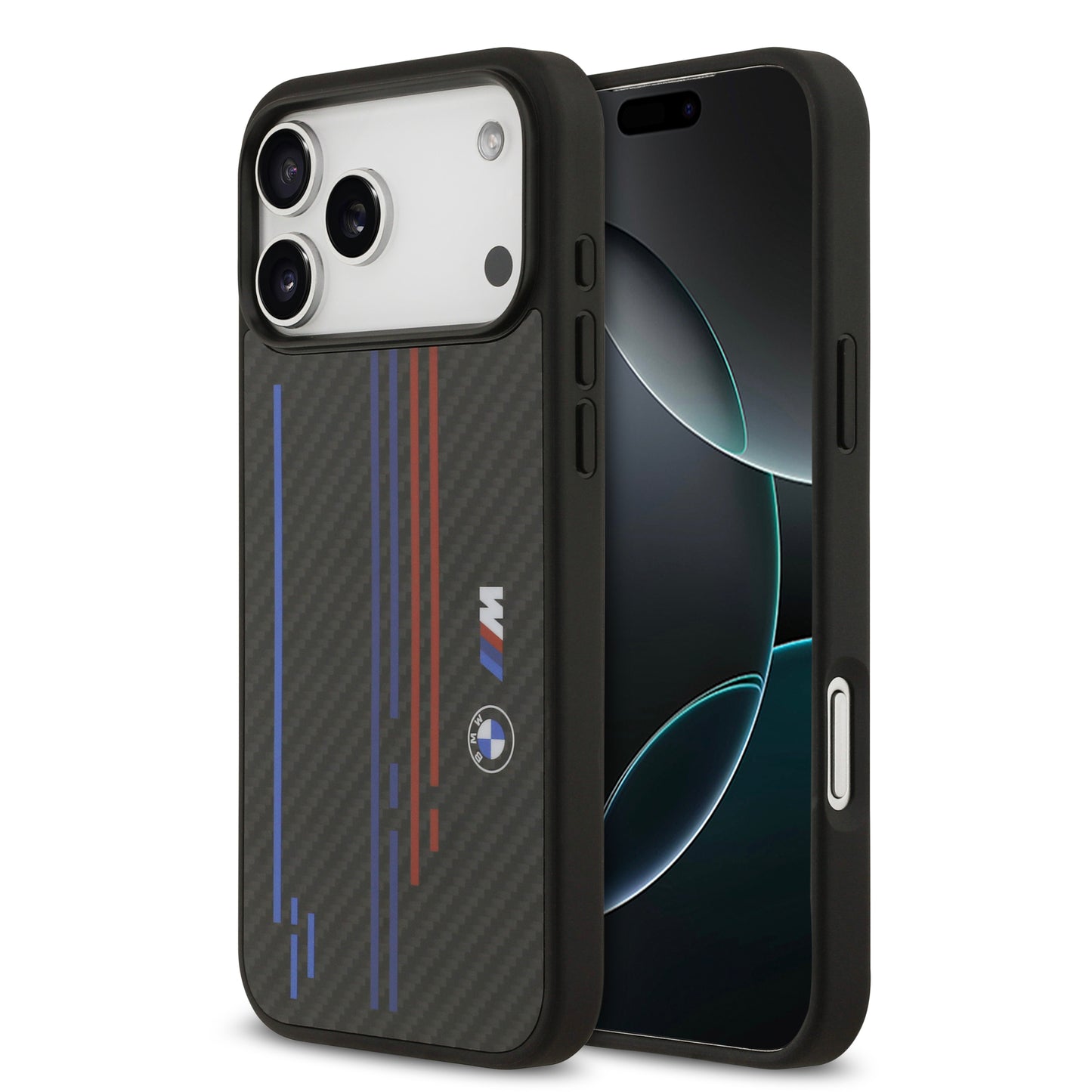 Funda BMW M Series MagSafe de Kevlar Negro con Líneas y Logo para iPhone 17 Pro | Case Original de Lujo