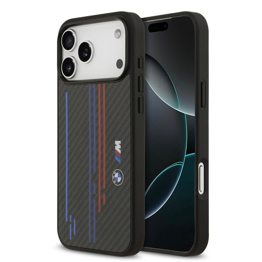 Funda BMW M Series MagSafe de Kevlar Negro con Líneas y Logo para iPhone 17 Pro | Case Original de Lujo