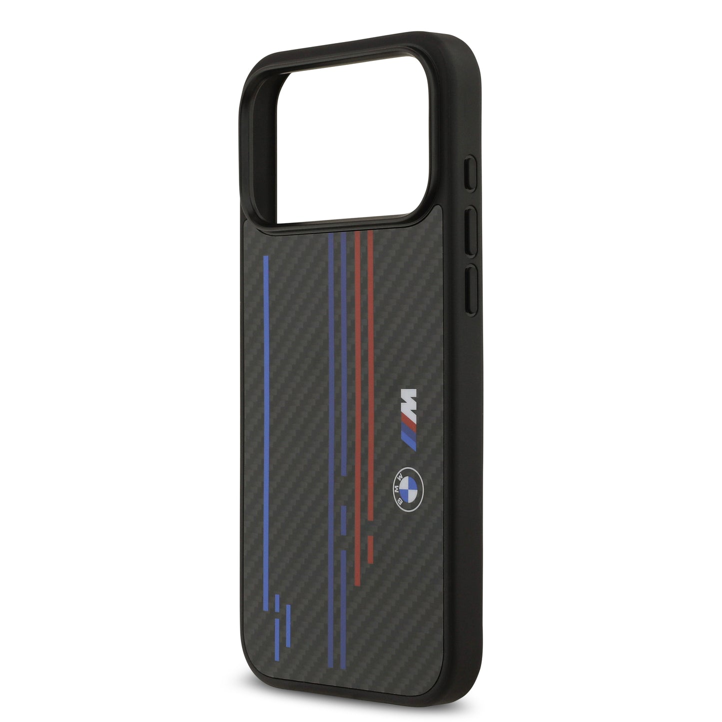 Funda BMW M Series MagSafe de Kevlar Negro con Líneas y Logo para iPhone 17 Pro | Case Original de Lujo