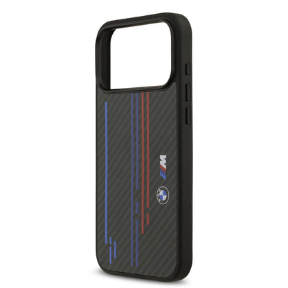 Funda BMW M Series MagSafe de Kevlar Negro con Líneas y Logo para iPhone 17 Pro | Case Original de Lujo